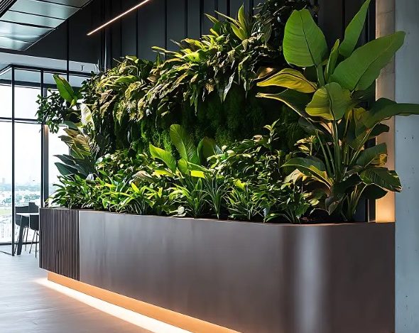 Comptoir d’accueil surmonté d’une grande jardinière végétalisée éclairée par en dessous